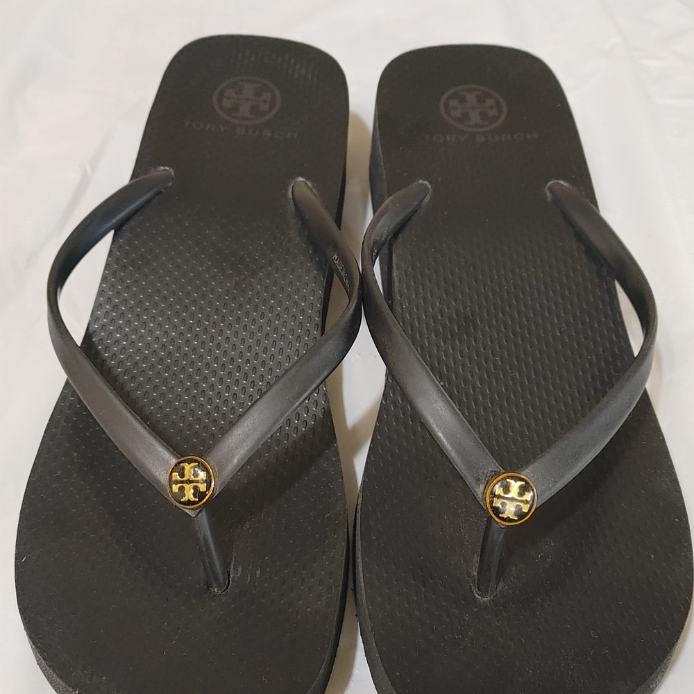 Tory Burch Black Platform Flip Flop Sandals with Gold Logo